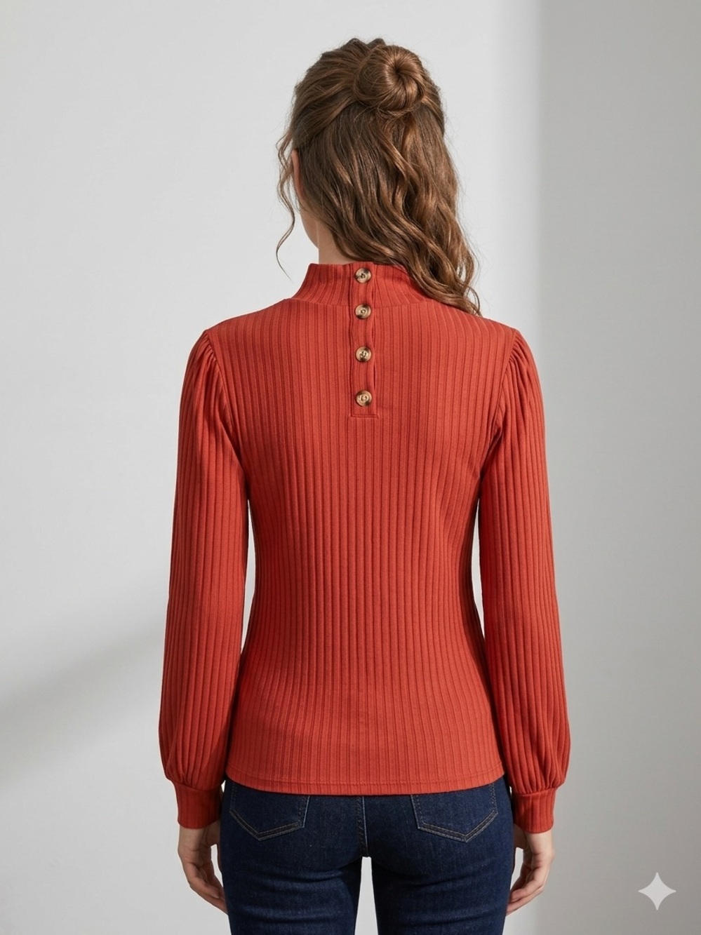 Bohme Ribbed Button-Back Mock Neck Top - Rust